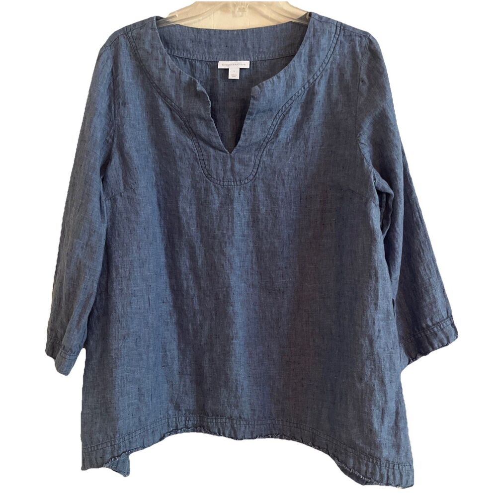 Charter Club 100% Linen Top Womens L Blue Chambray 3/4 Sleeves Raw Hem Pullover